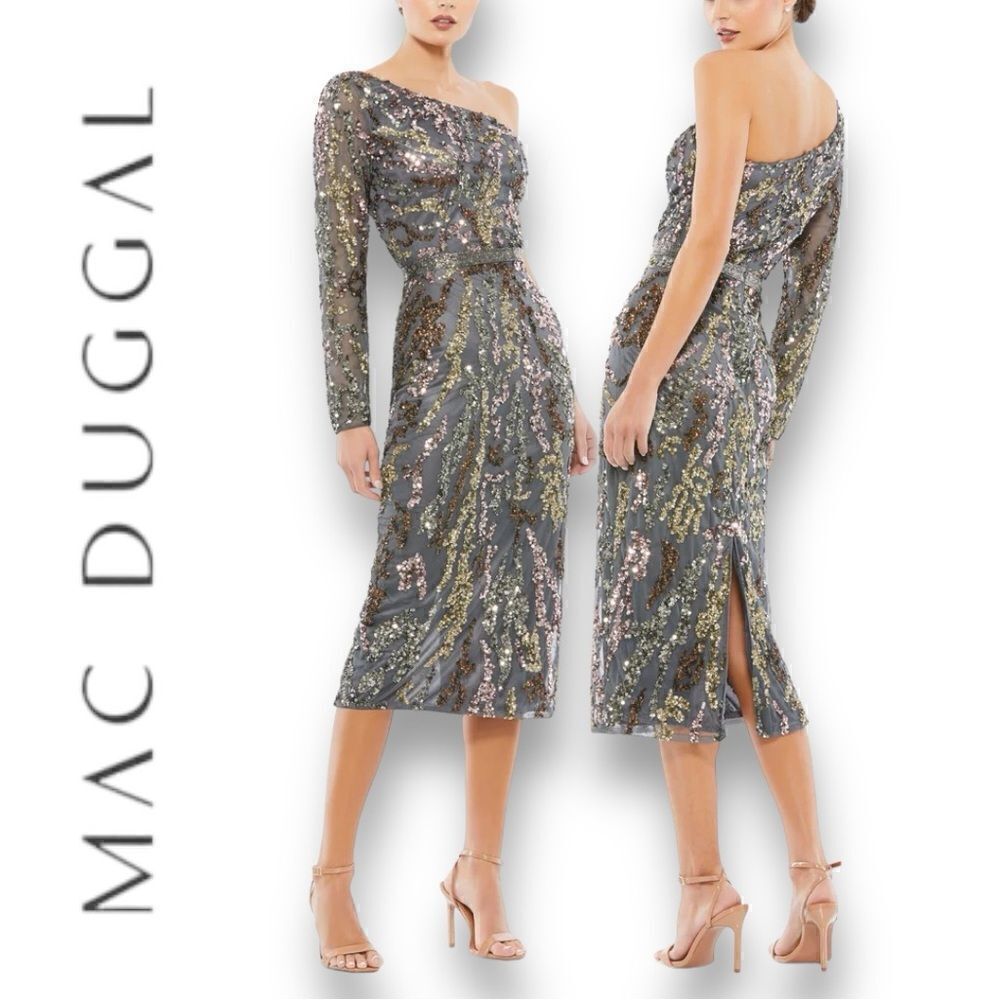 MAC DUGGAL Women’s Embellished Sequined One Shoulder Cocktail Dress in Size 10